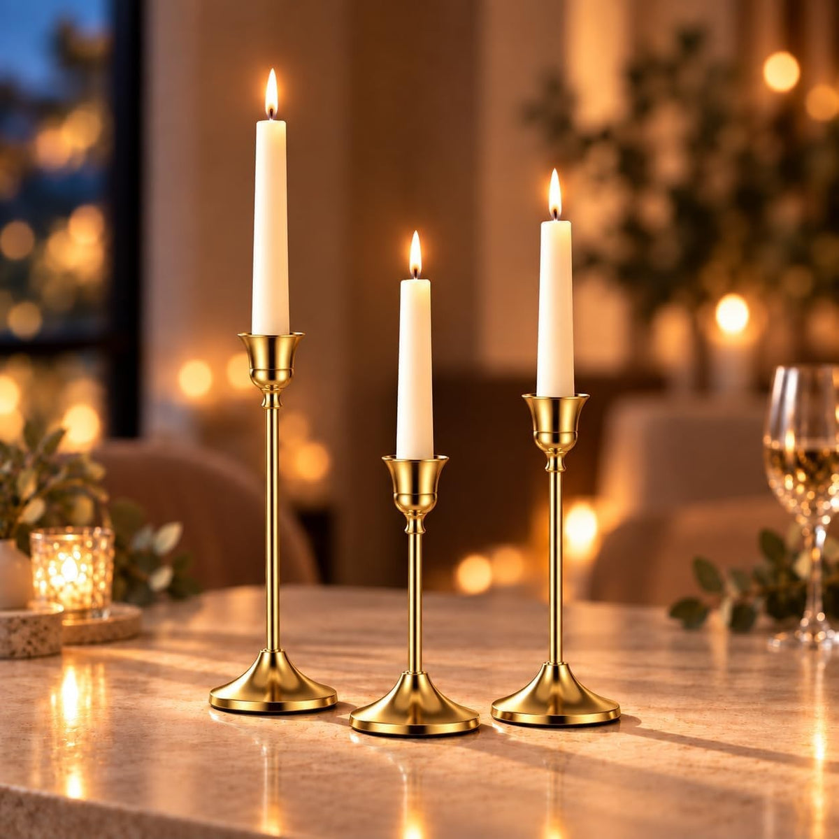 Gold taper holders glowing with white candles