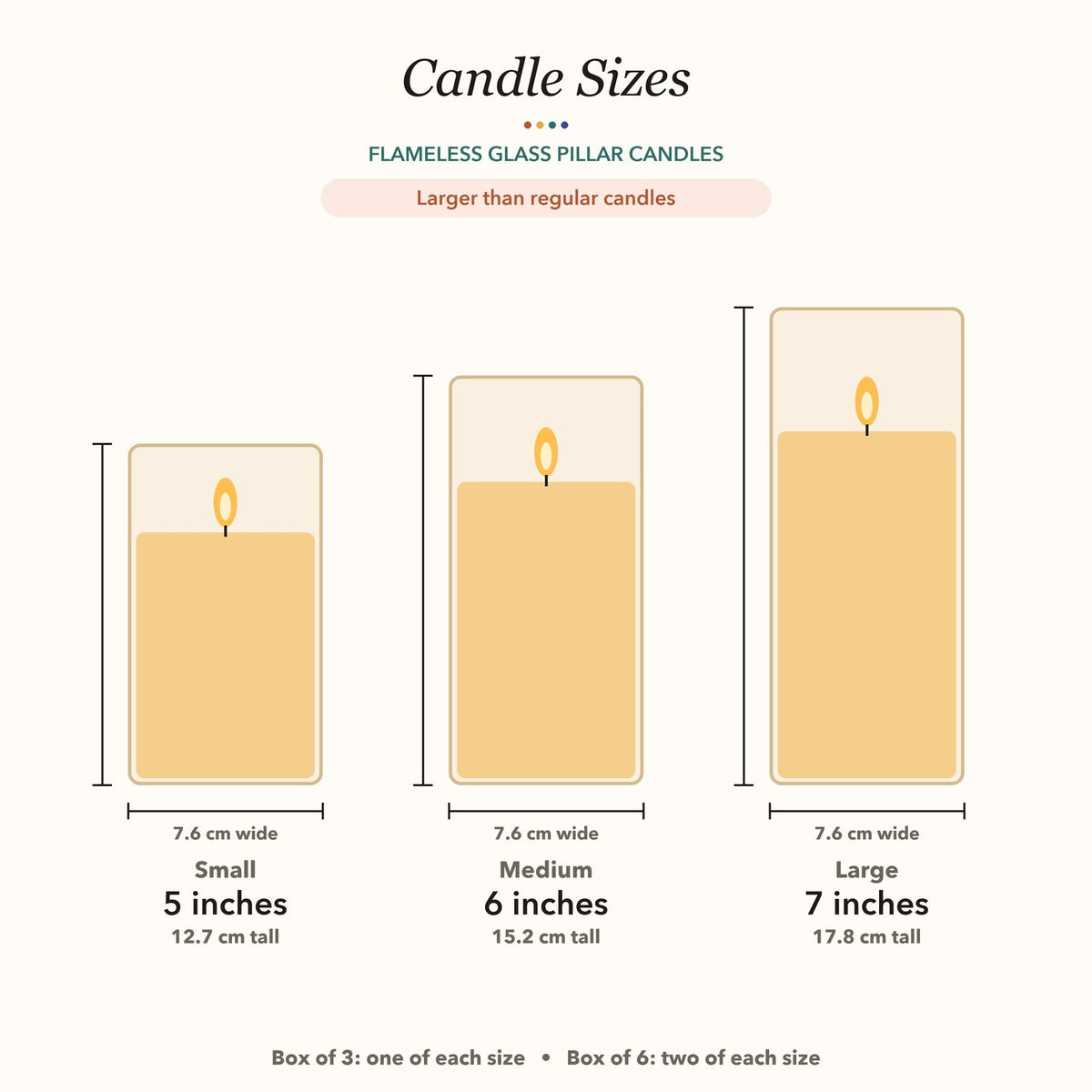 Candle sizes: 5, 6 and 7 inches tall, 7.6 cm wide