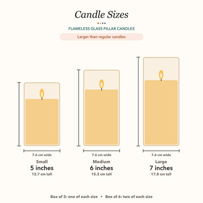 Candle sizes: 5, 6 and 7 inches tall, 7.6 cm wide