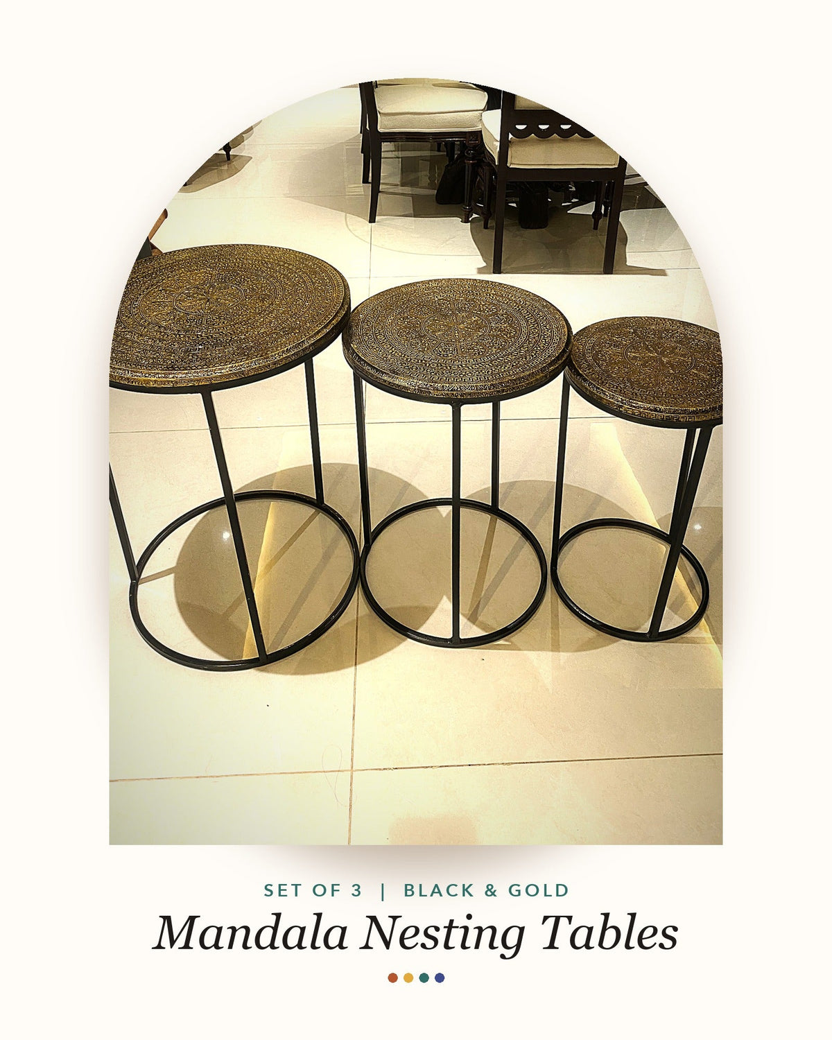 Mandala nesting tables, set of 3, black and gold