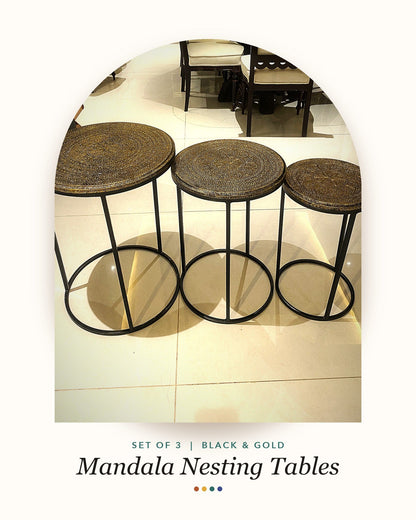 Mandala nesting tables, set of 3, black and gold
