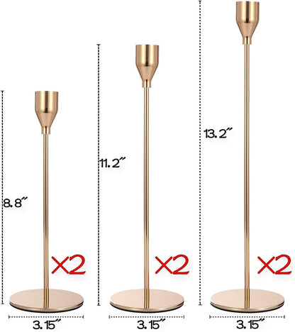 Set of 6 gold taper candle holders in three heights