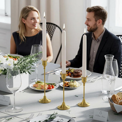 Gold candle holders on a candlelit dinner for two